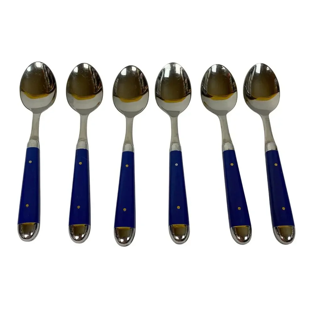 Oneida Palette Cobalt Blue Stainless Riveted 6 Oval Spoons Glossy Silverware